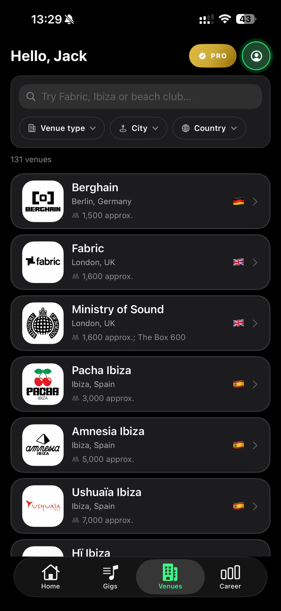 ArtistLume Venues tab with search, filters, capacity, and club directory