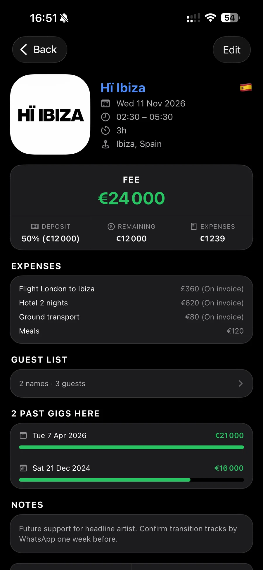 ArtistLume gig detail for Hï Ibiza with fee, deposit, expenses, and guest list