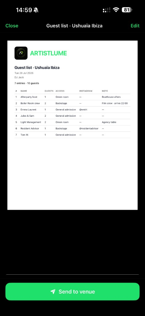ArtistLume guest list preview for Ushuaïa Ibiza with branded PDF and Send to venue