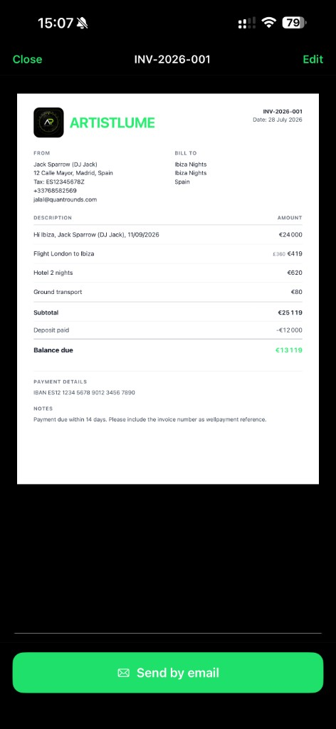 ArtistLume invoice preview for Hï Ibiza with expenses, deposit, and balance due